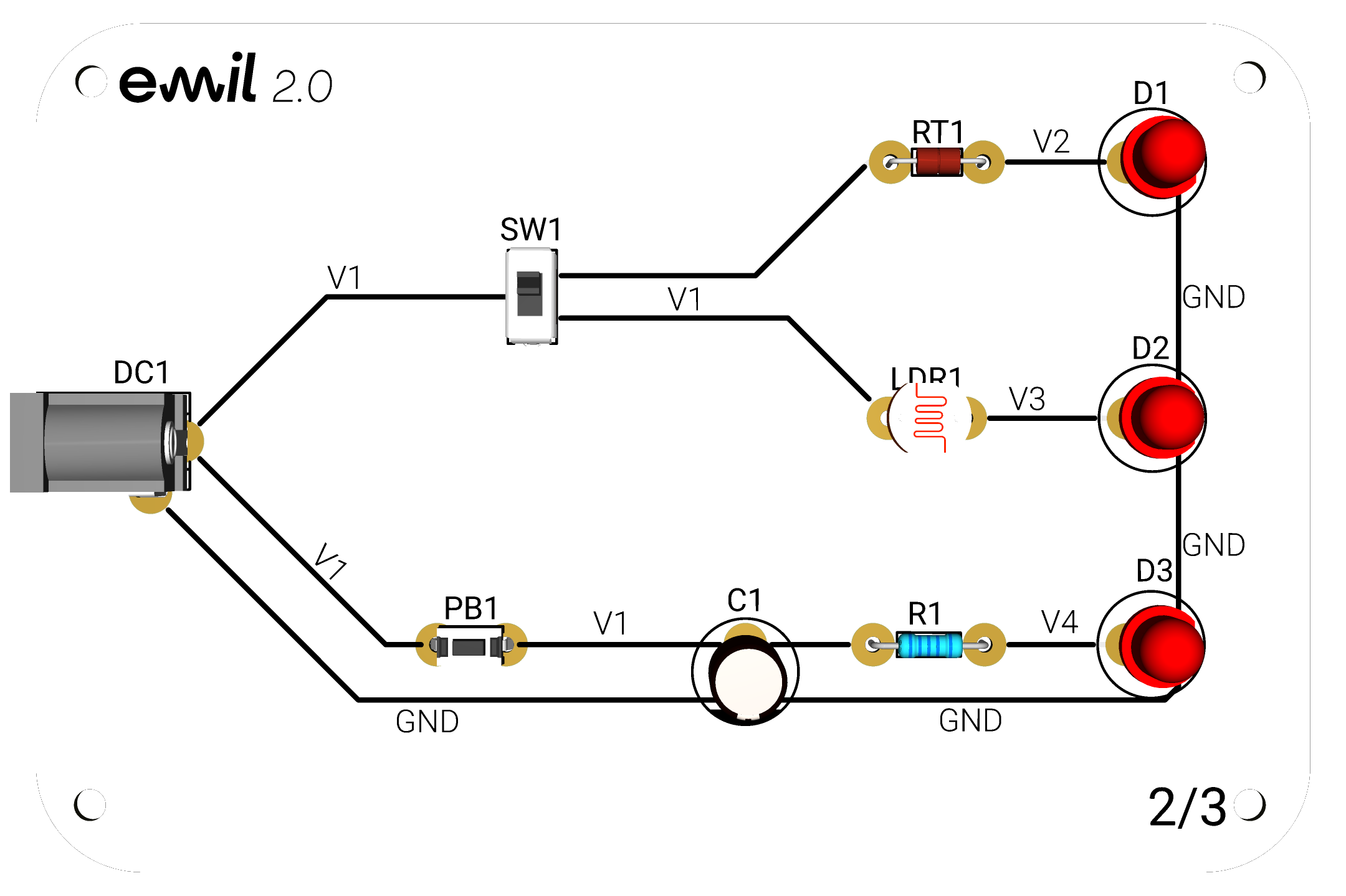 Deska Emil 2/3 — DC konektor, přepínač, teplotní rezistor, fotorezistor, tlačítko, kondenzátor, rezistor a tři LED diody